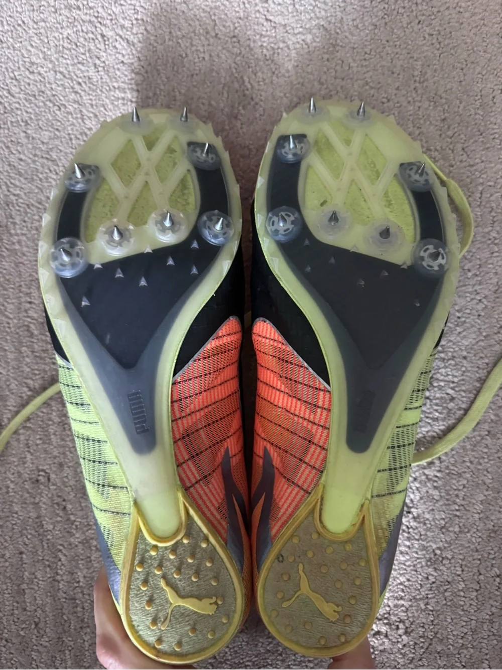 Puma Men’sYellow and Coral/Orange Track Cleats (metal) 10.5